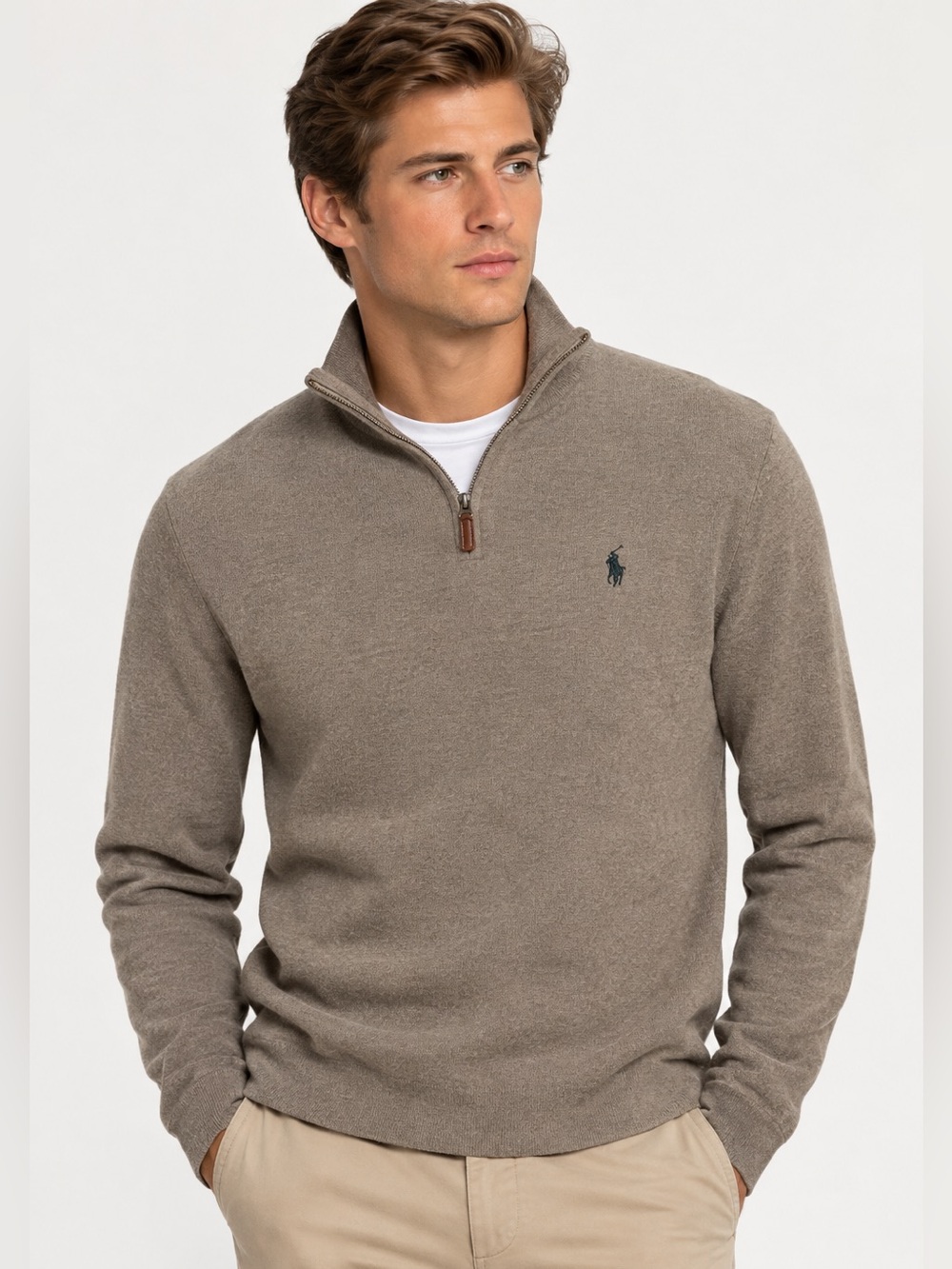 Ralph Lauren Men’s Taupe Half-Zip Sweater with Green Pony Medium